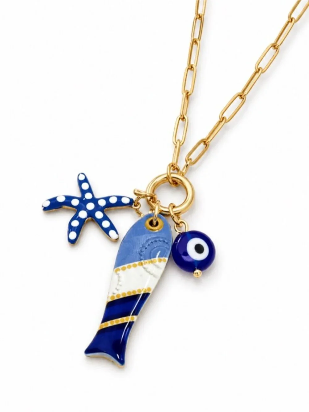 New! Coastal Blue Fish Charm Evil Eye Gold Paperclip Chain Necklace (4011) NWOT